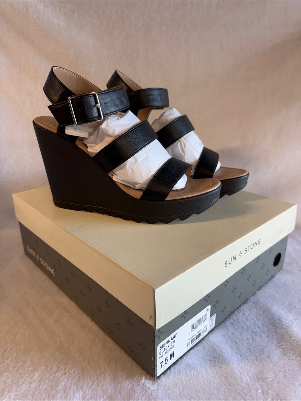 Sun + Stone Black Leather Strappy Wedge Sandals